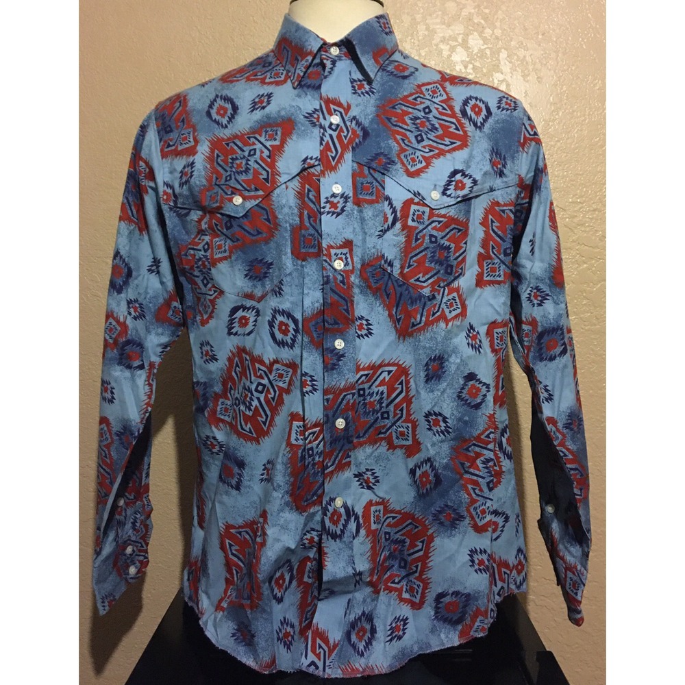 Vintage Wrangler Men's Size 17-35 X-Long Tails Blue Aztec Cowboy Western Shirt